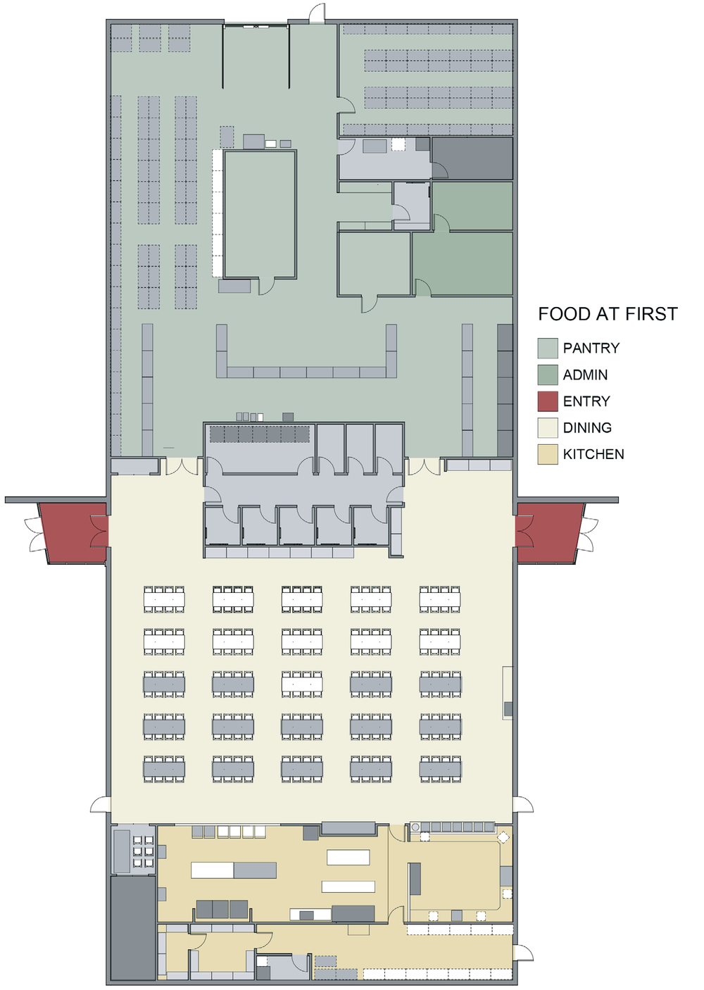 Color-coded floor plan of the new Food at First building