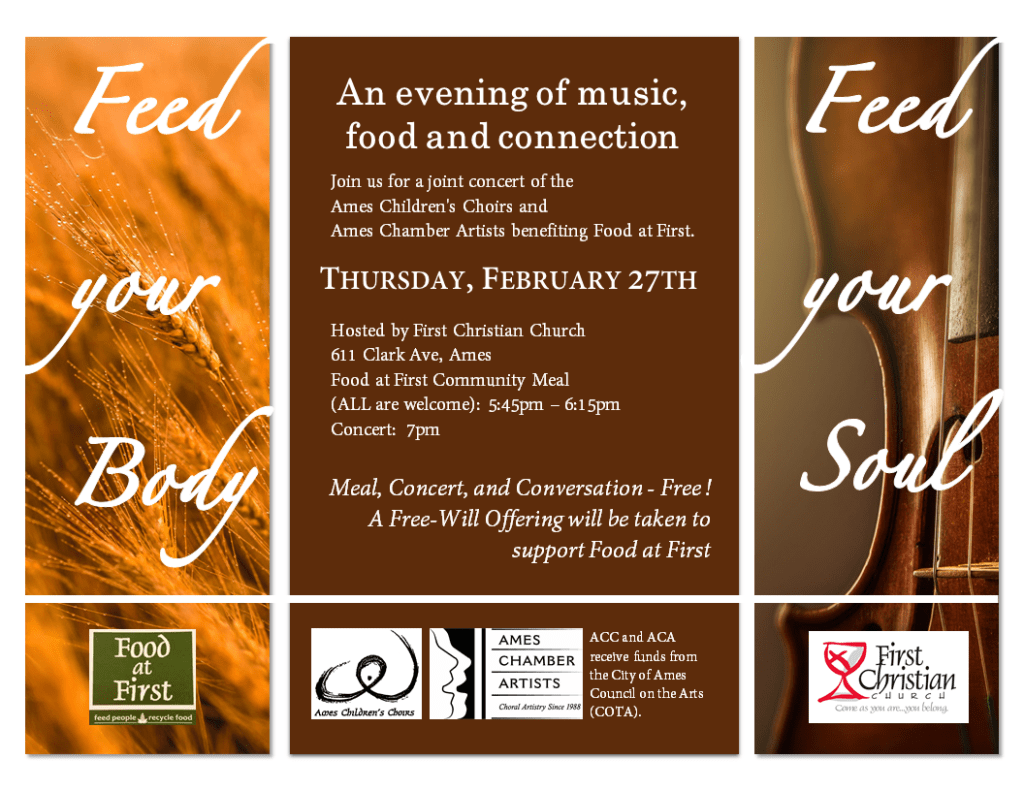 Feed Your Body, Feed Your Soul special event fundraiser for Food at First hosted by First Christian Church